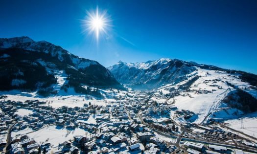 Panoramic view over the ski resort Zell am See in winter.