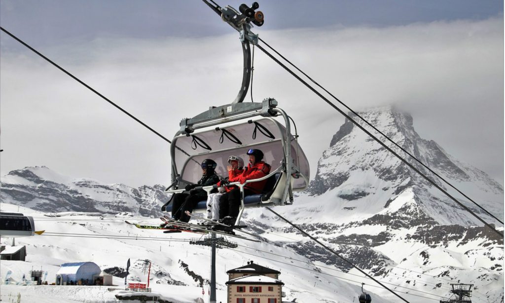 Beginners on a skilift in Zermatt.