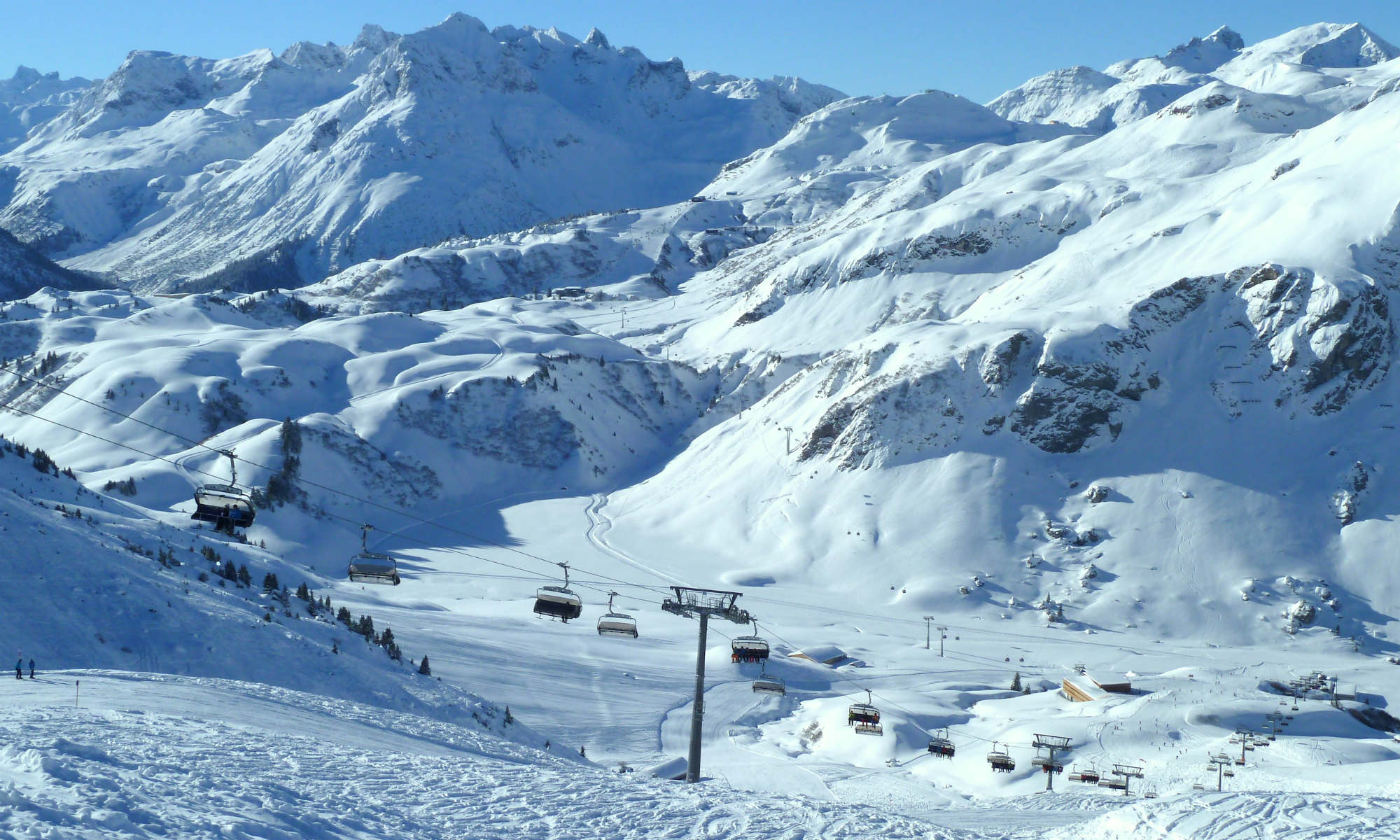 Panoramic view of the mountains and pistes in St Anton am Arlberg.