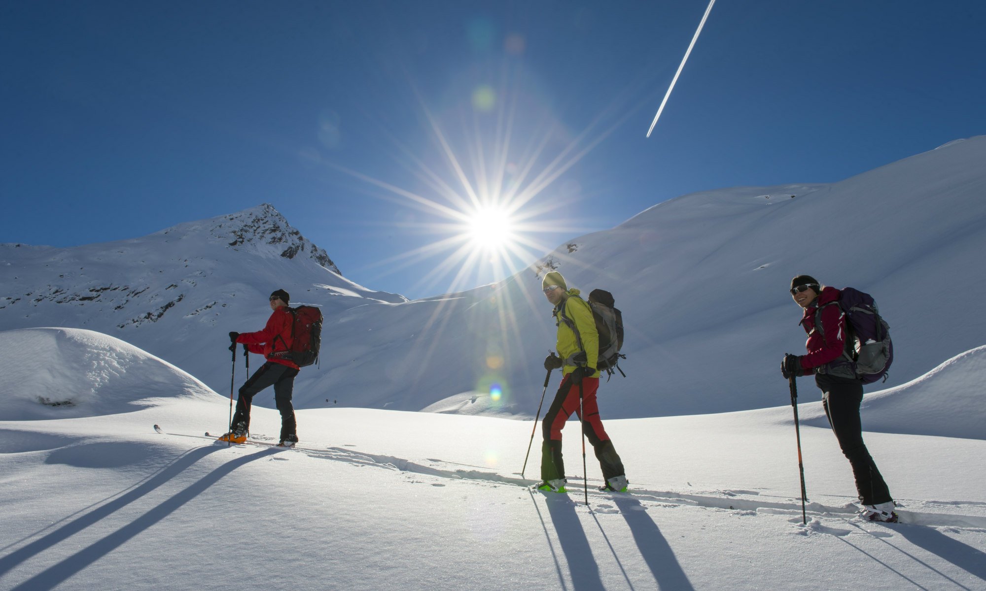 3 people on a ski tour are walking through a snow-covered environment. 