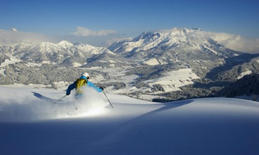 A freestyle skier during his downhill run in deep powder snow in Fieberbrunn.