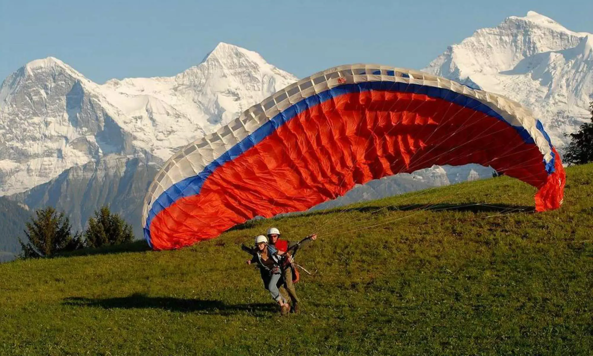 2 parapentes tandem démarrant leur vol devant le massif de la Jungfrau.