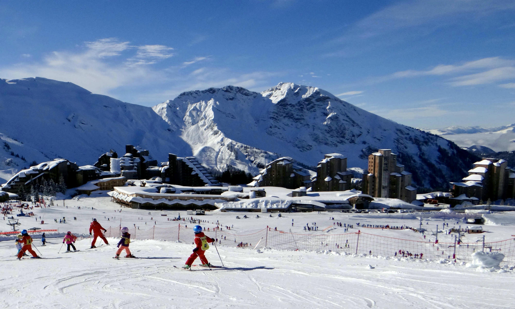 A beginners ski lesson on nursery slopes near Avoriaz.