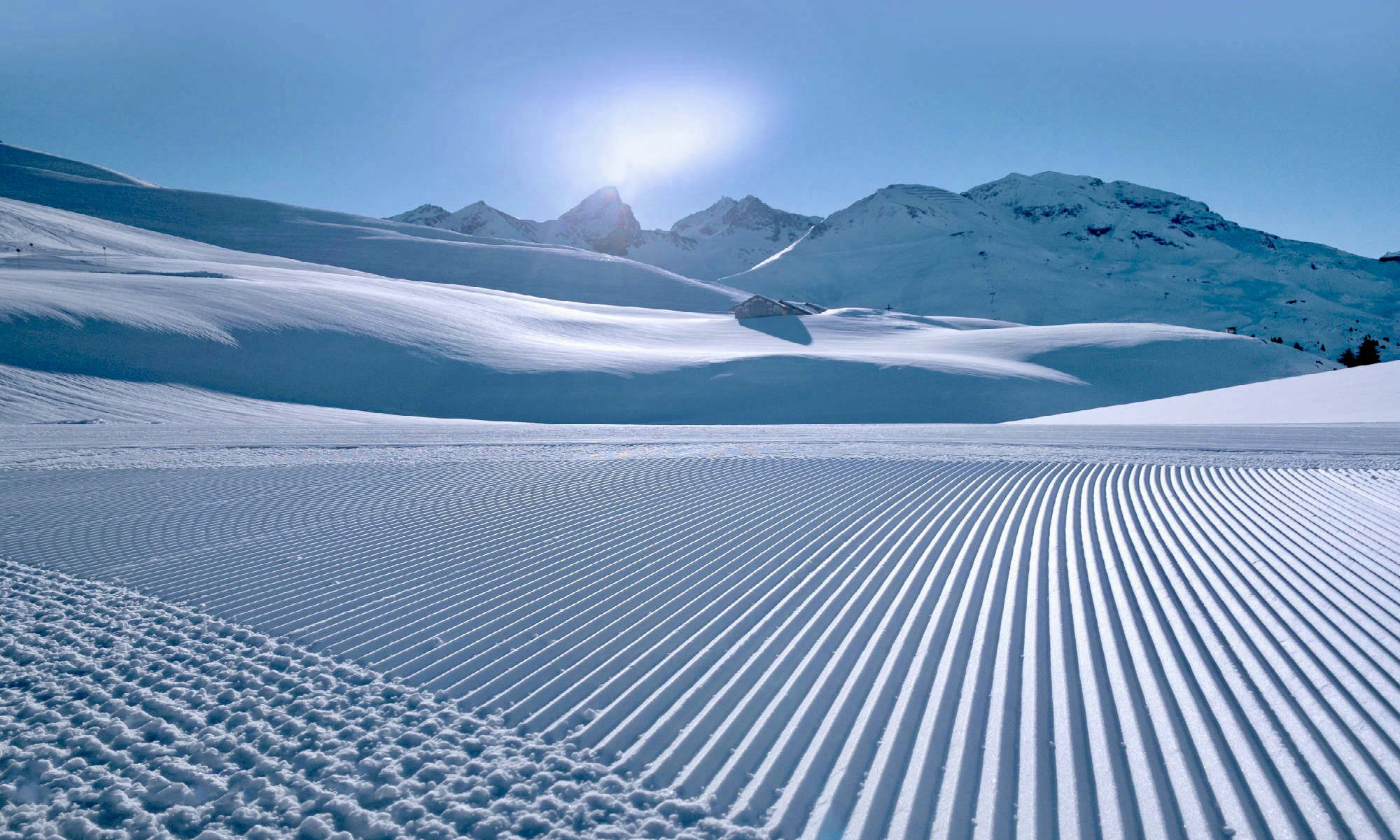 View of freshly-groomed beginner slopes in Lech.