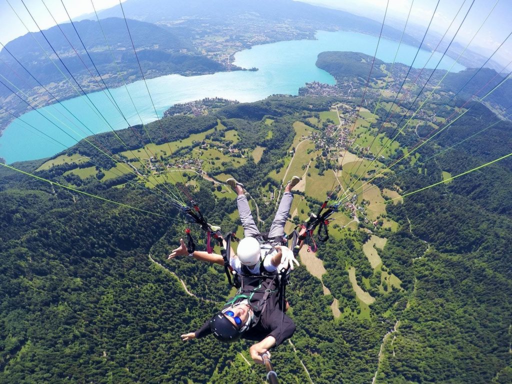 A paragliding flight over Lake Annecy.