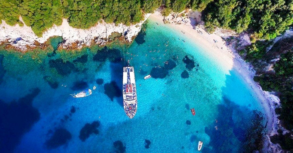 A panoramic view of the Blue Lagoon in Corfu, Greece, where you can snorkel.