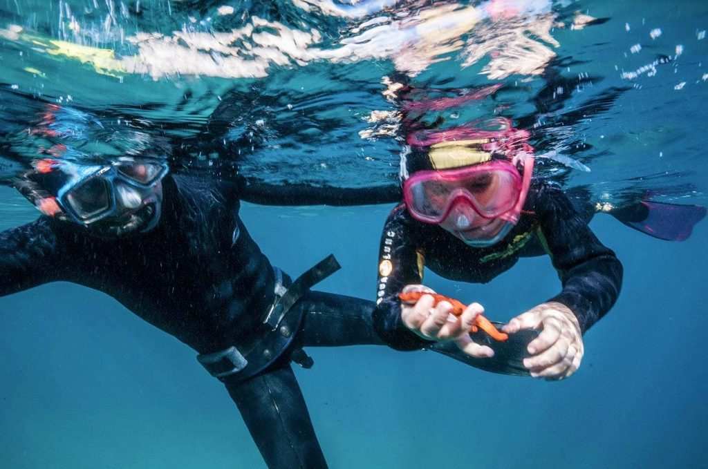 Two boys snorkelling in the Parc National des Calanques.