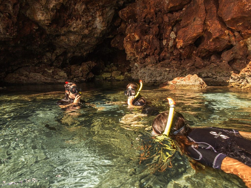 A group of kids go underwater during a snorkeling trip near Porto Cristo. 