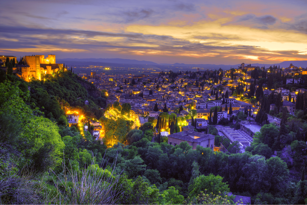 View of the city of Granada at sunset. 