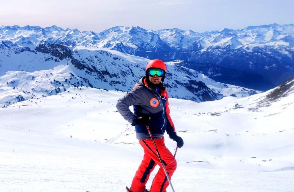 A man learns how to ski in Baqueira-Beret.