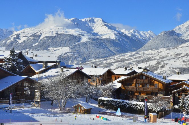 Beautiful view overlooking the mountains of the Village of Les Coches in France. 