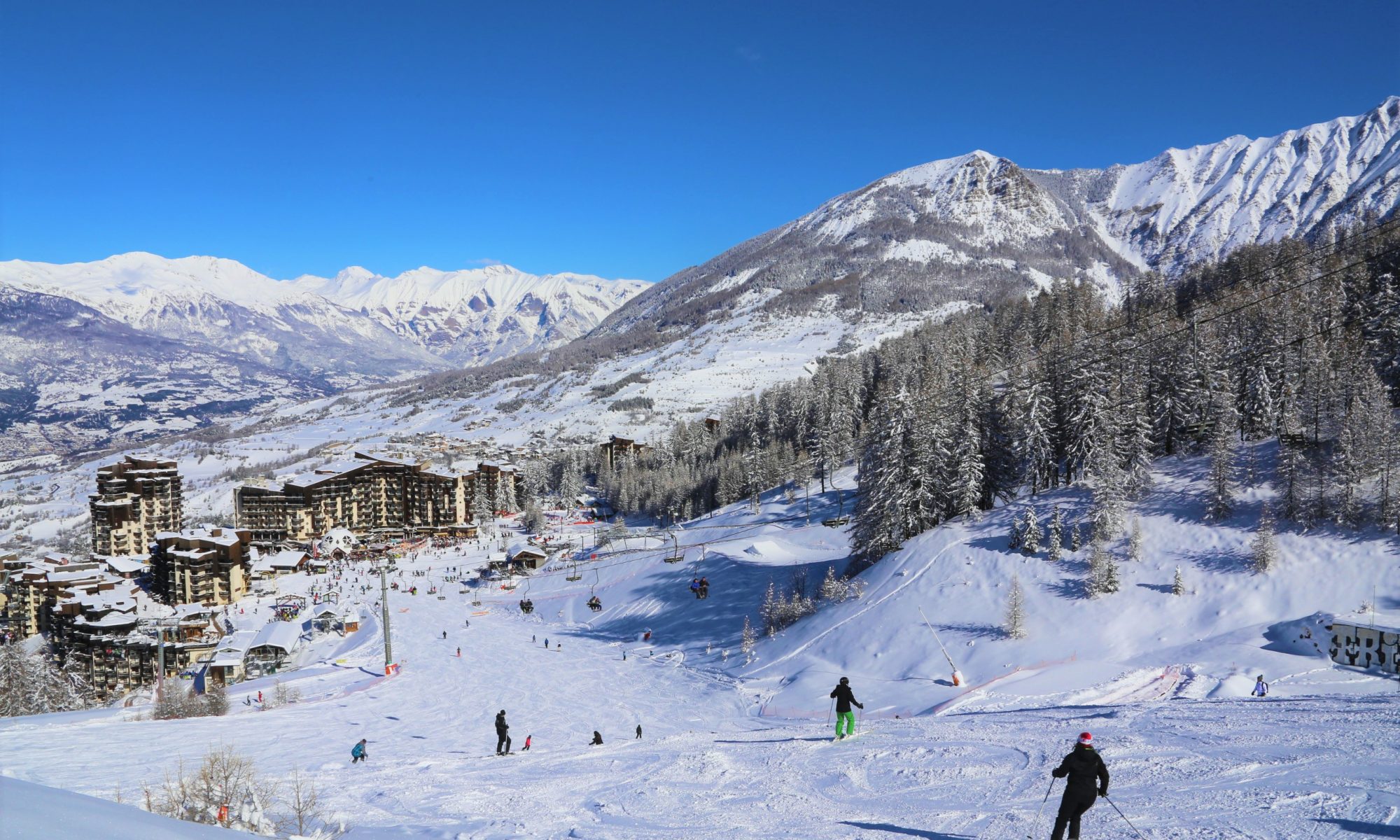 View of a small & quiet skiing village resort during the winter season.