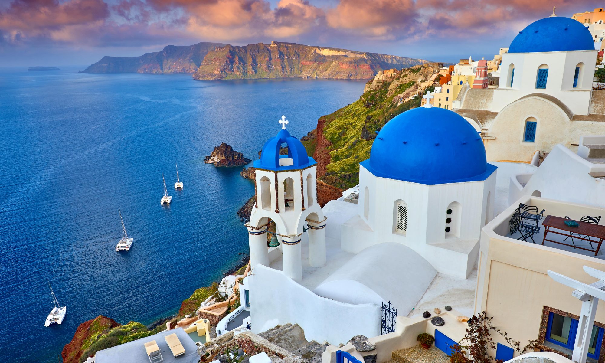 Views of the coastline of Santorini during the sunset.