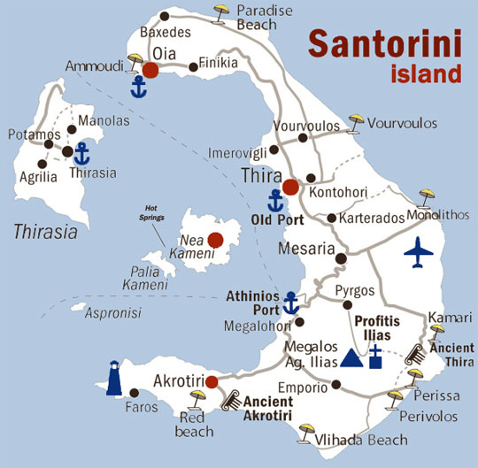 Map of Santorini archipelago where boat tour providers offers their trips.