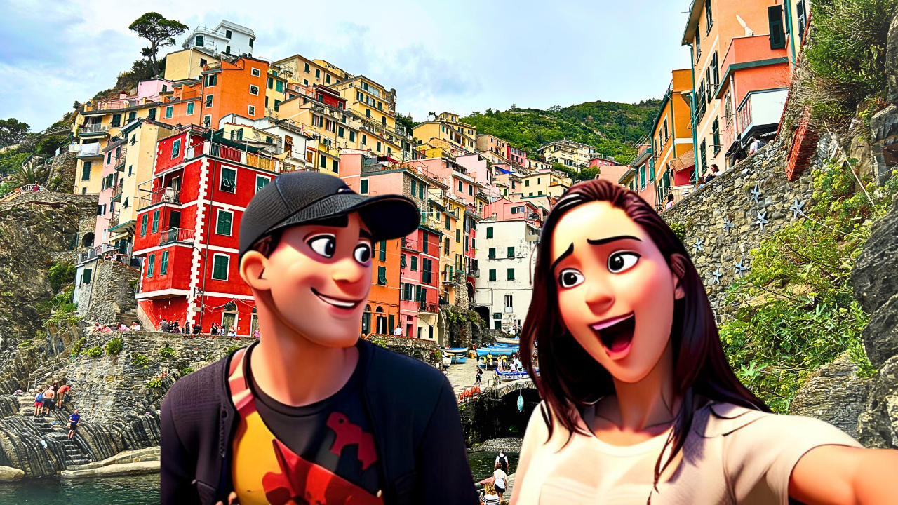 The protagonists of the blog article in a cartoon style version on the background of Riomaggiore.