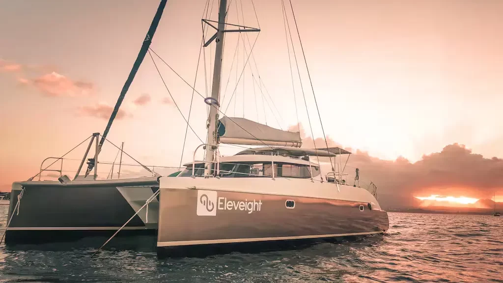 The catamaran of Azimut Id'Ile during a beautiful sunset.