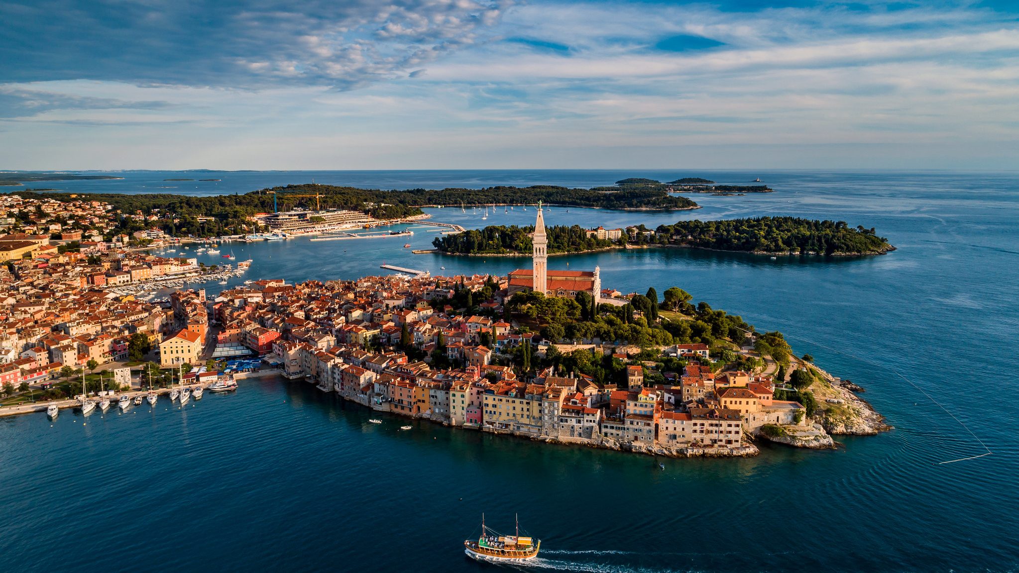 Aerial view of Rovinj at sunset.