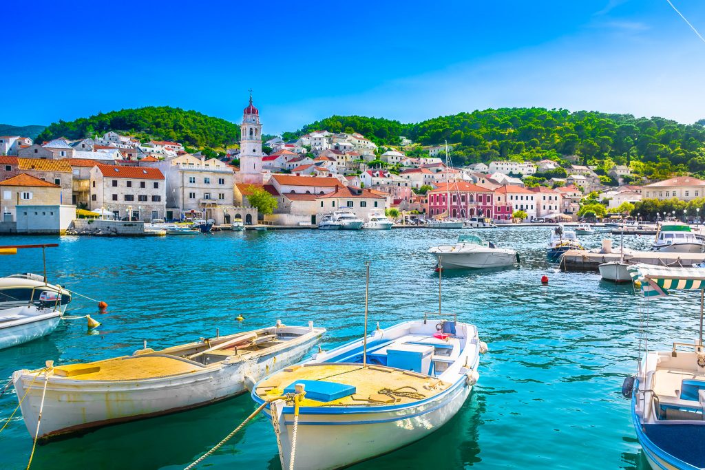 Seafront scenery of small mediterranean village Pucisca on Island Brac.