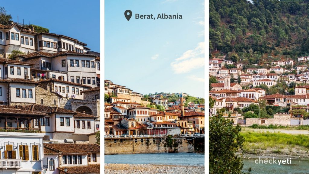 A collage of popular places of Berat "the city of a thousand windows" in Albania.