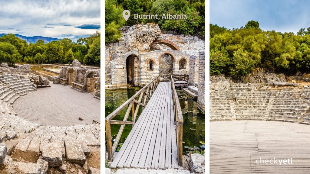 A collage of the historic Butrint Archaeological Park in Albania.