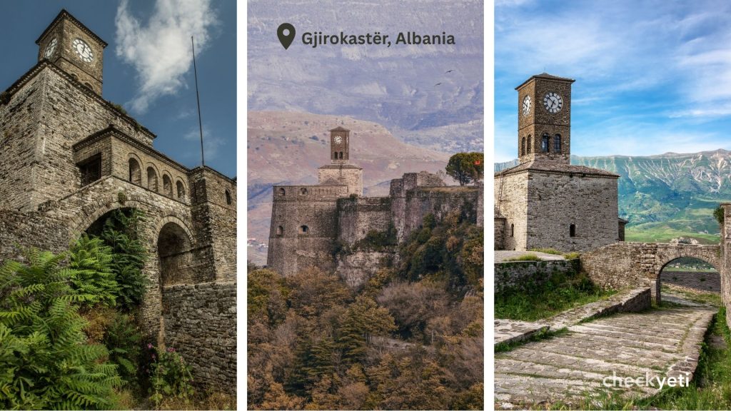 A collage of the popular Gjirokaster castle in Albania, a historic place.